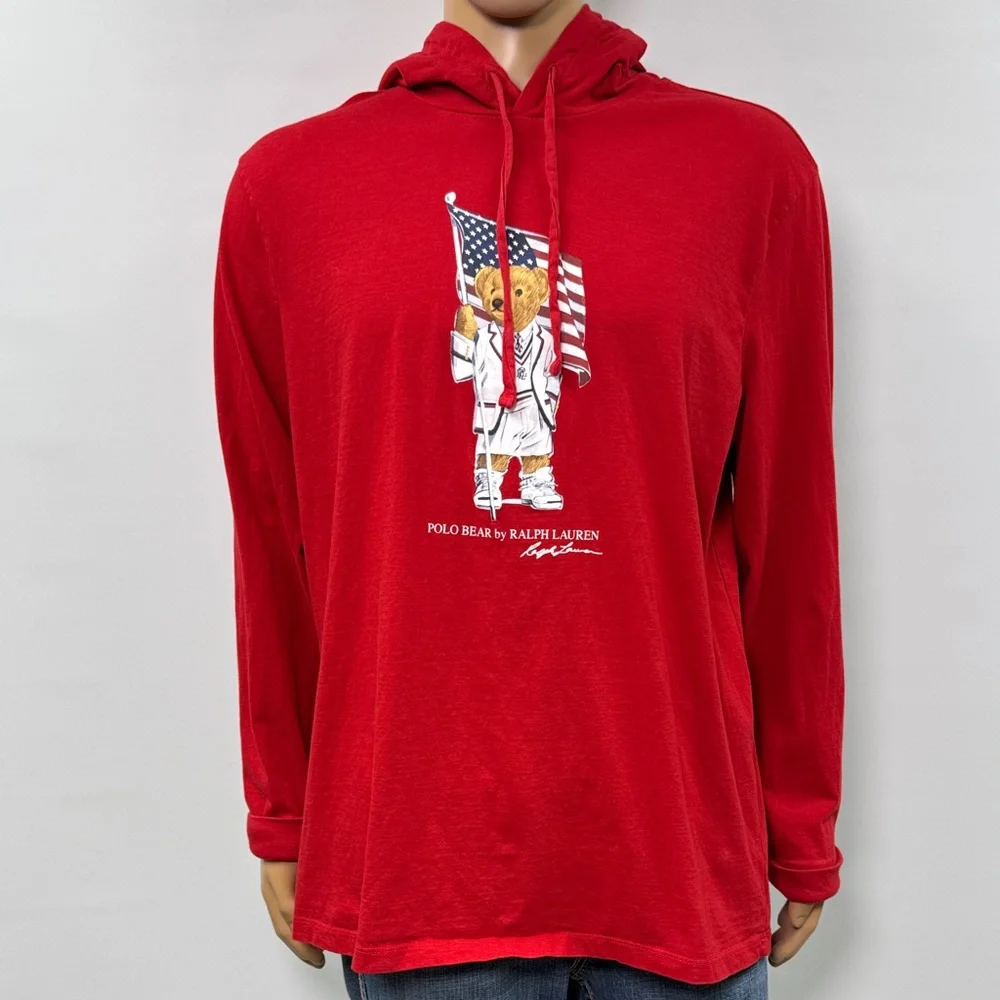 Polo Ralph Lauren Polo Bear Print Red Hooded Long Sleeve T-Shirt Size XL